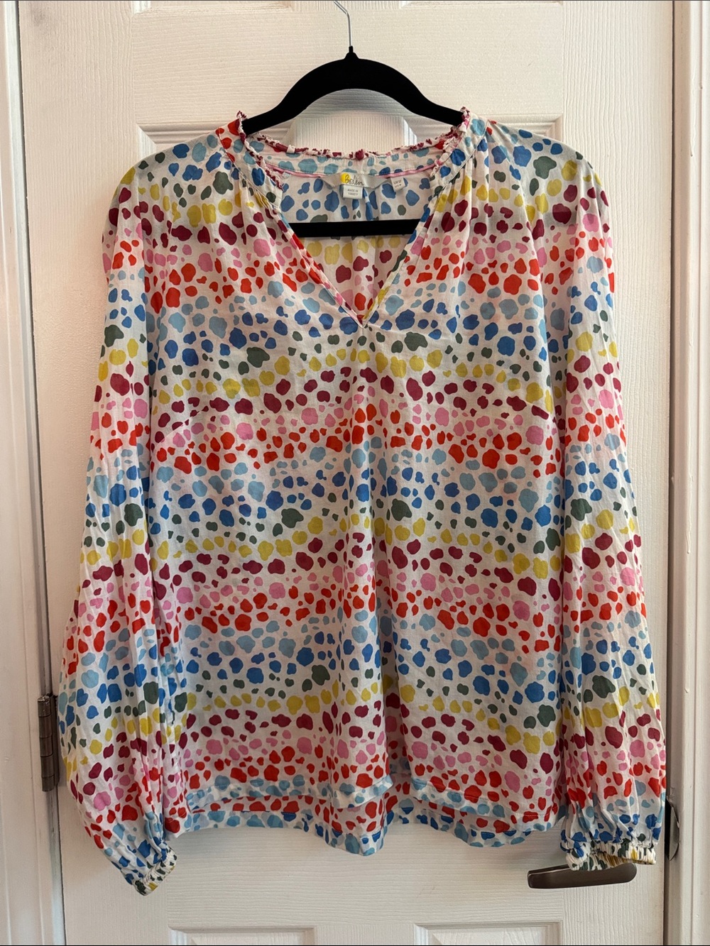 BODEN Multicolor Abstract Rainbow Spot Split Neck 100% Cotton Blouse Size 8